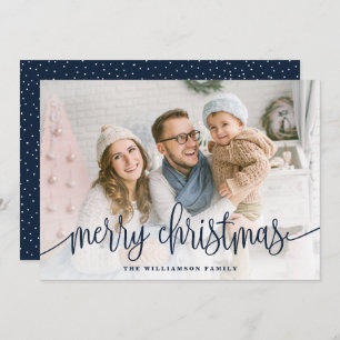 Elegant Script Full Photo Merry Christmas Navy Holiday Card