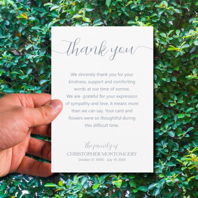 Elegant Script Funeral Thank You Card (Simple funeral thank you cards with blue lettering are 3.5" x 5" or choose a different size)