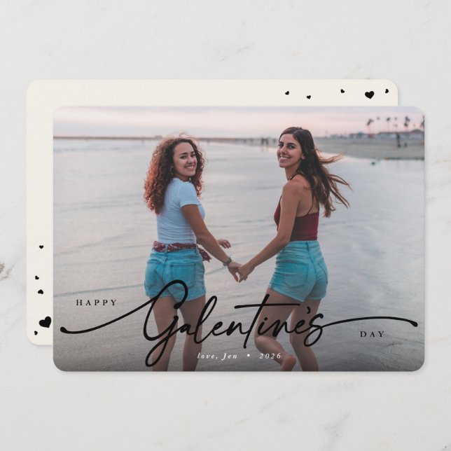 Elegant Script Galentine's Day Flat Photo Holiday Card (Front/Back)