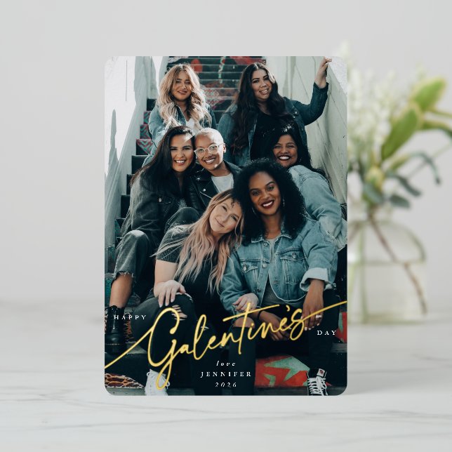 Elegant Script Galentine's Day Foil Photo Holiday Card (Standing Front)