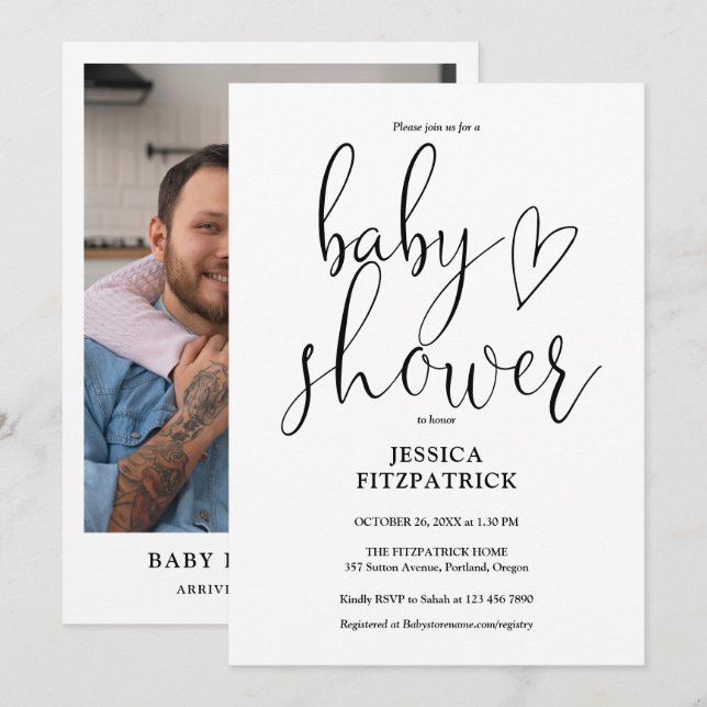 Elegant Script Gender Neutral Photo Baby Shower Invitation (Front/Back)