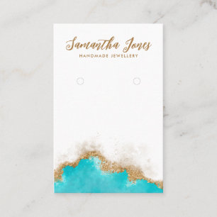 Elegant Script Geode Teal Gold Earrings Display Business Card