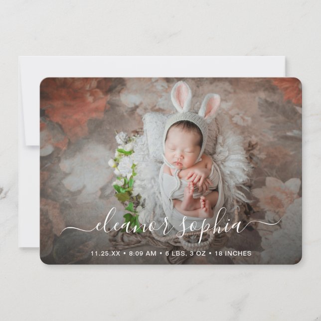Elegant Script Girl Newborn Photo Birth Announcement (Front)