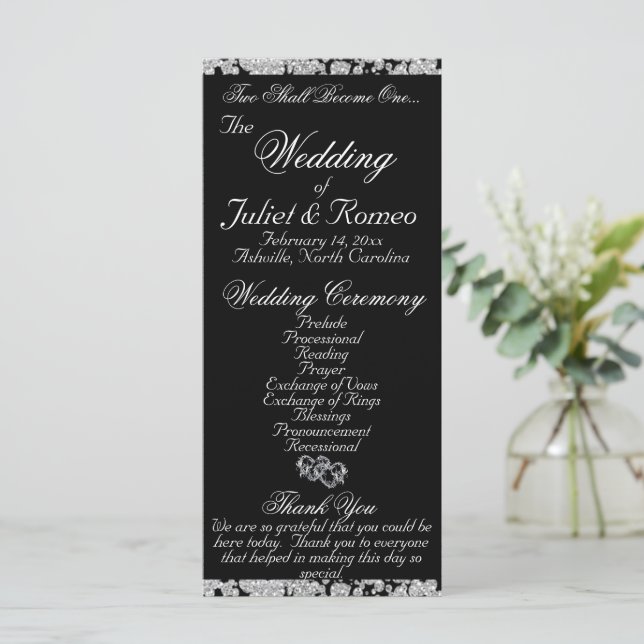 Elegant Script & Glitter - Black Wedding Programme (Standing Front)
