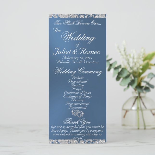 Elegant Script & Glitter - Blue Wedding Programme (Standing Front)