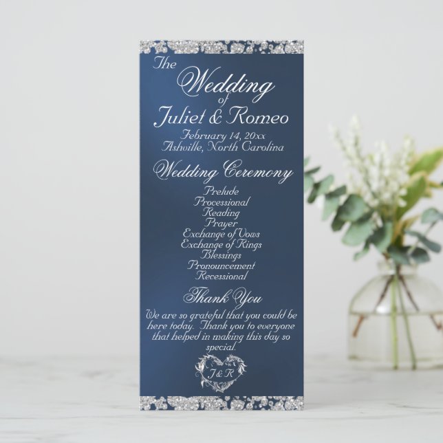 Elegant Script & Glitter - Blue Wedding Programme (Standing Front)