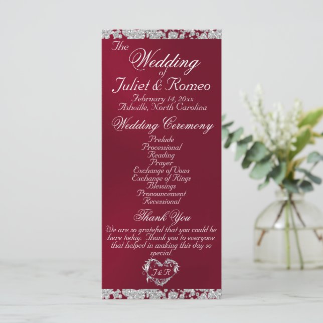 Elegant Script & Glitter - Burgundy Wedding Programme (Standing Front)