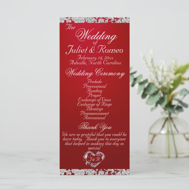 Elegant Script & Glitter - Crimson Wedding Programme (Standing Front)
