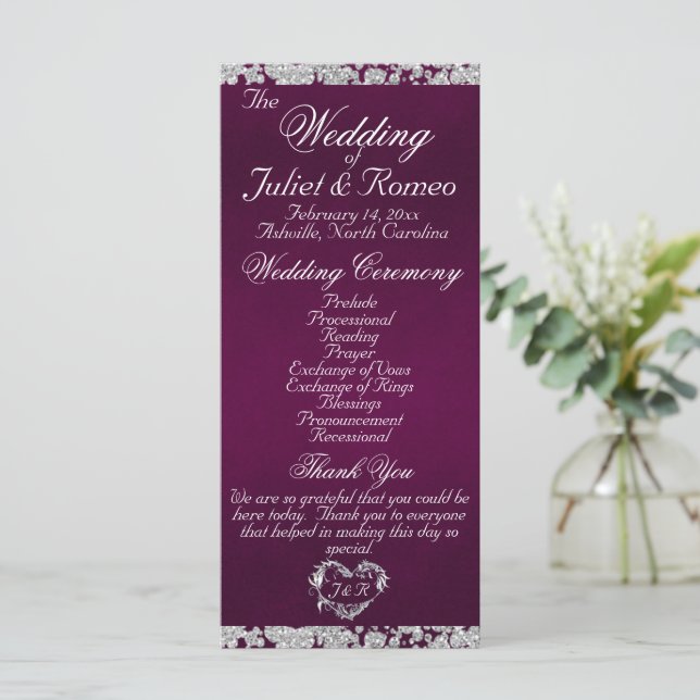 Elegant Script & Glitter - Purple Wedding Programme (Standing Front)