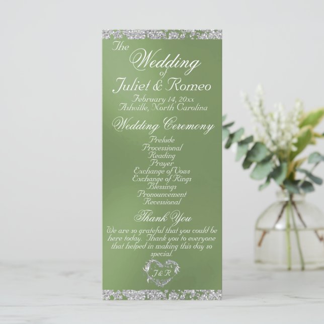 Elegant Script & Glitter - Sage Wedding Programme (Standing Front)