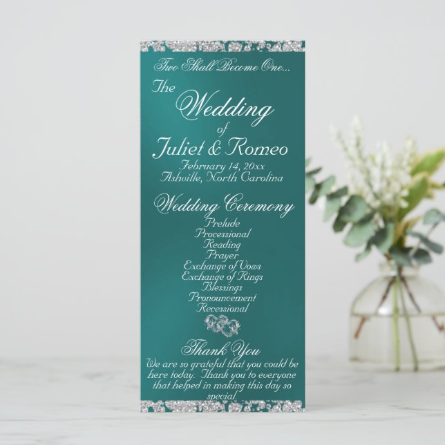 Elegant Script & Glitter - Teal Wedding Programme (Standing Front)