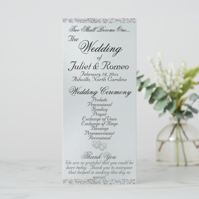 Elegant Script & Glitter - White Pearl Wedding Programme (Standing Front)