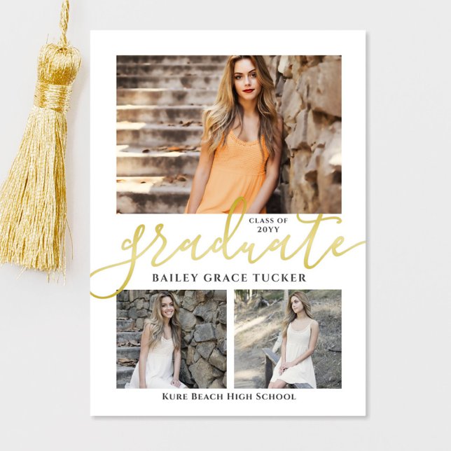 Elegant Script Gold 3-Photo Collage Graduation Announcement (Creator Uploaded)