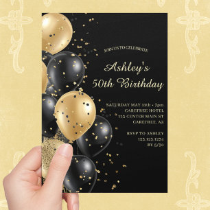 Elegant Script Gold and Black 50th Birthday Invitation