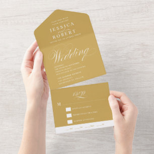 Elegant Script Gold and White Calligraphy Wedding All In One Invitation