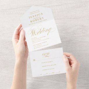 Elegant Script Gold and White Calligraphy Wedding All In One Invitation