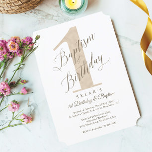 Elegant Script Gold Baby's 1st Birthday & Baptism Invitation