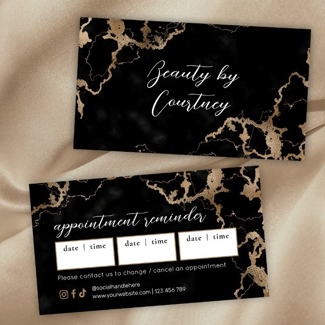 Elegant Script Gold & Black Marble Beauty Salon Appointment Card (Modern black marble and gold appointment cards )