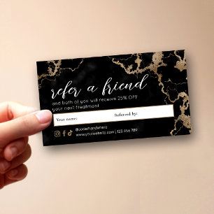 Elegant Script Gold & Black Marble Beauty Salon Referral Card