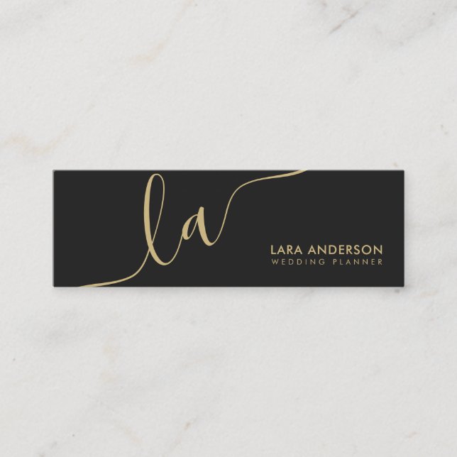 Elegant script gold black modern monogram initials mini business card (Front)
