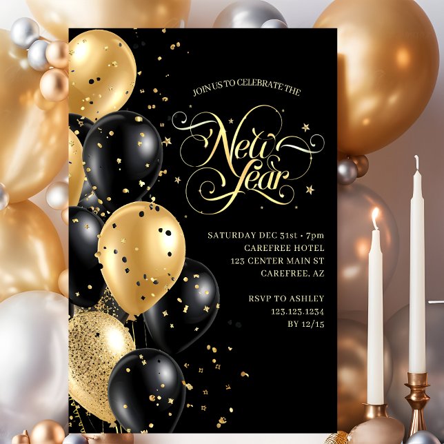 Elegant Script Gold Black New Years Eve Invitation (Creator Uploaded)