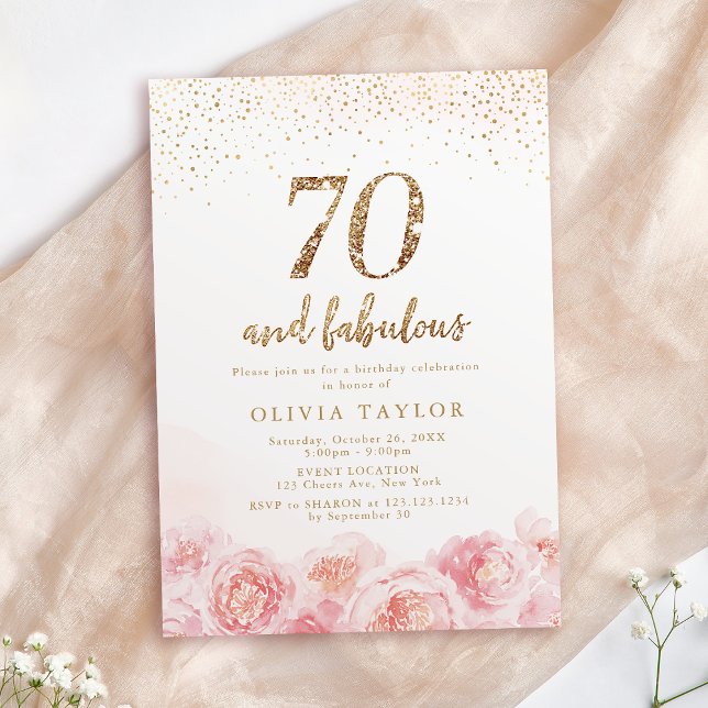 Elegant script gold & blush floral 70th birthday invitation (Elegant script gold & blush floral 70th birthday invitation)