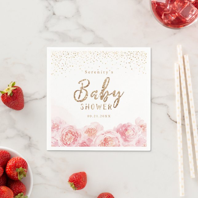 Elegant script gold & blush floral baby shower napkin (Insitu)