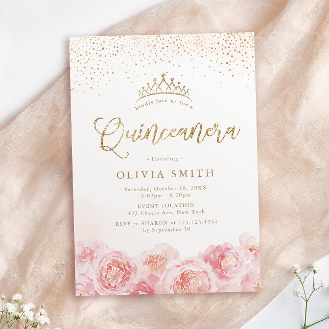 Elegant script gold & blush floral Quinceanera Invitation (Elegant script gold & blush floral Quinceanera Invitation)