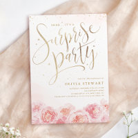 Elegant script gold blush floral surprise birthday