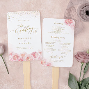 Elegant script gold & blush floral wedding program hand fan