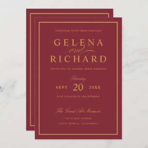 Elegant Script Gold Border Burgundy Wedding Invitation