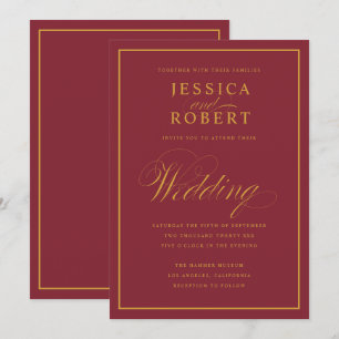 Elegant Script Gold Border Merlot Burgundy Wedding Invitation