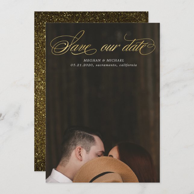 elegant script gold faux foil Photo Save the Date Invitation (Front/Back)