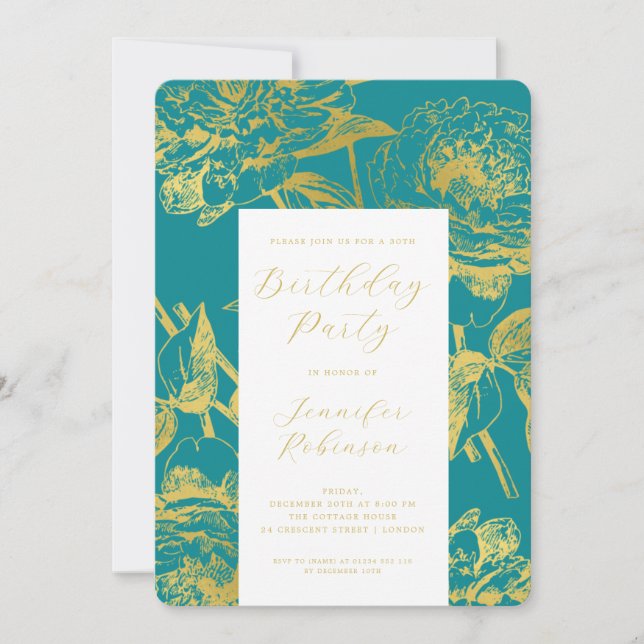 Elegant Script Gold Floral Birthday Party Teal  Invitation (Front)