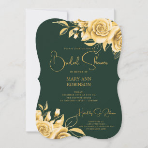Elegant Script Gold Floral Bridal Shower Emerald Invitation