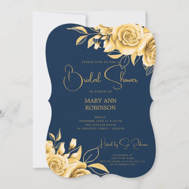 Elegant Script Gold Floral Bridal Shower Navy Blue Invitation (Front)