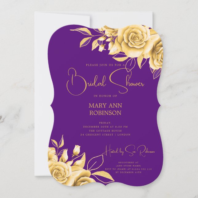 Elegant Script Gold Floral Bridal Shower Purple  Invitation (Front)