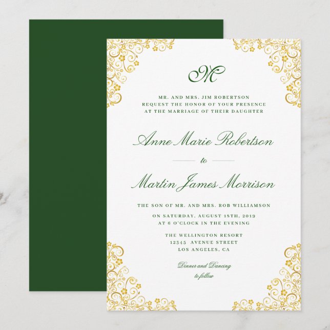 Elegant script gold floral wedding invitation (Front/Back)