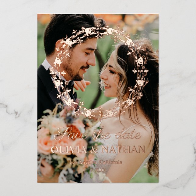 Elegant script gold foil save the date card (Front)