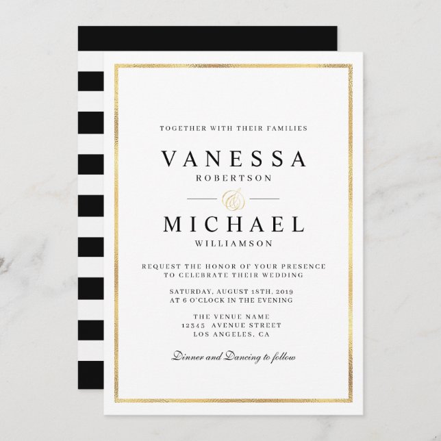 elegant script gold foil wedding invitation (Front/Back)