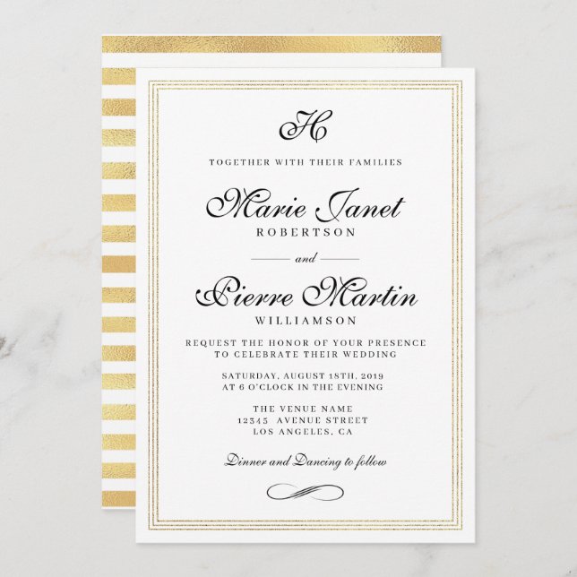 Elegant script gold foil wedding invitation (Front/Back)