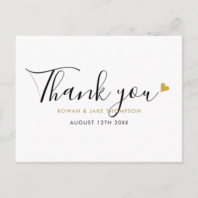 Elegant Script Gold Heart Modern Thank You Postcard (Front)