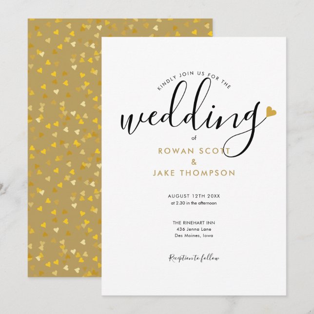 Elegant Script Gold Heart Wedding Invitation (Front/Back)