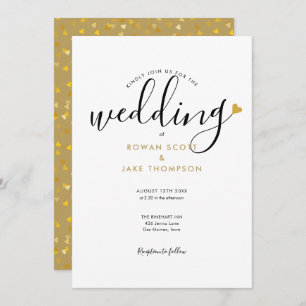 Elegant Script Gold Heart Wedding Invitation