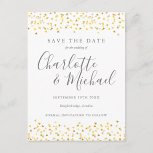 Elegant Script Gold Hearts Confetti Save the Date Postcard