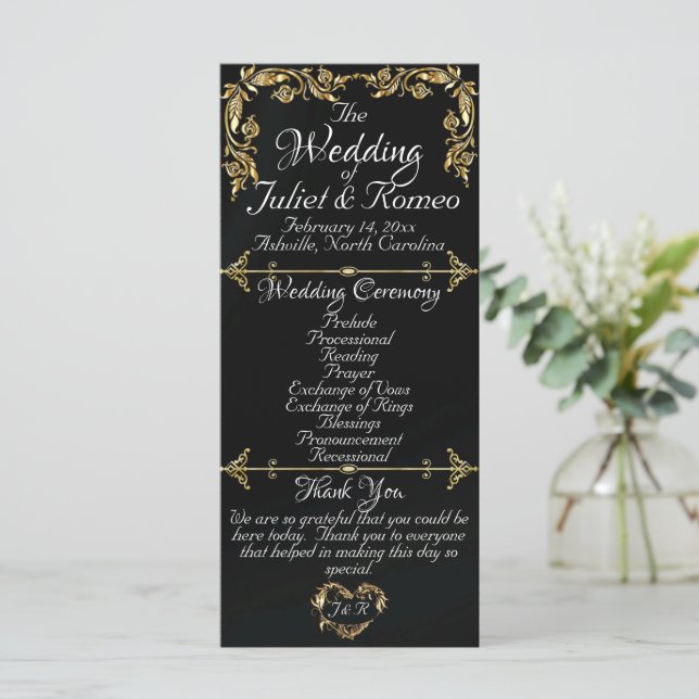 Elegant Script & Gold Leaves - Black Wedding Programme (Standing Front)