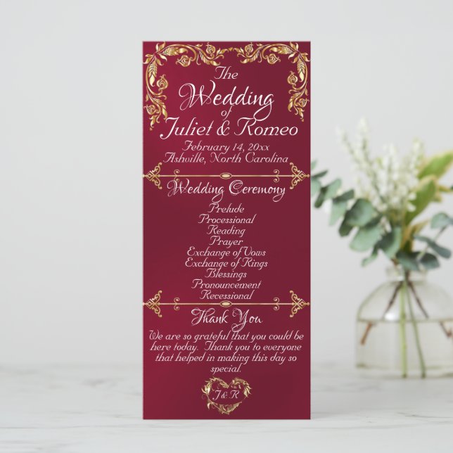Elegant Script & Gold Leaves - Burgundy Wedding Programme (Standing Front)