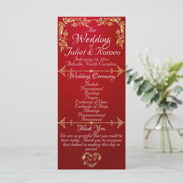 Elegant Script & Gold Leaves - Crimson Wedding Programme (Standing Front)