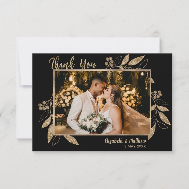 Elegant Script Gold Leaves Photo Thank You Card (Front)