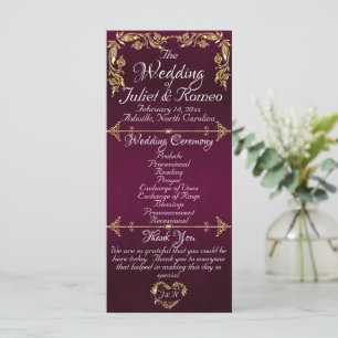 Elegant Script & Gold Leaves - Purple Wedding Programme